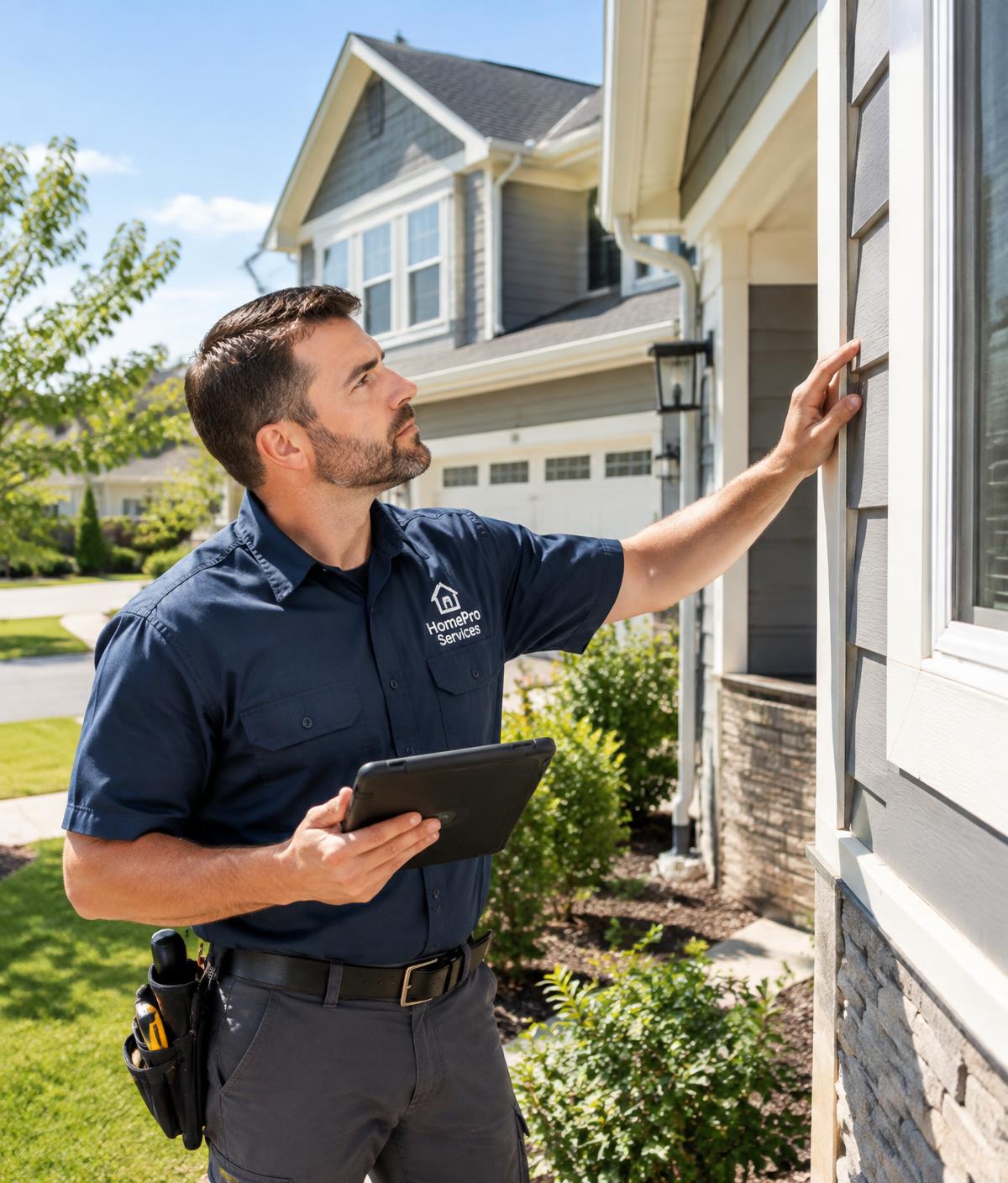 Home service technician inspecting the siding of a modern American home